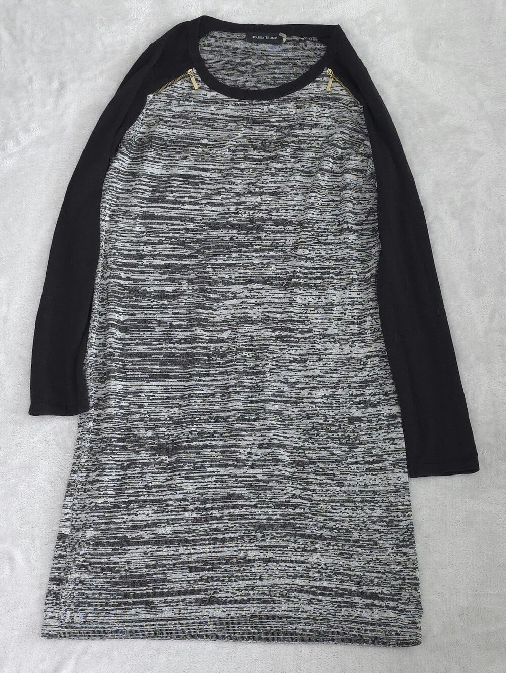Ivanka Trump Gray Textured Knit Raglan Long Sleeve Dress Gold Zipper Size Large